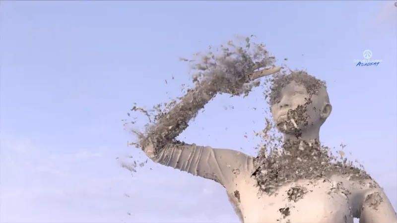 Animated character, rendered without textures, disintegrating into fragments