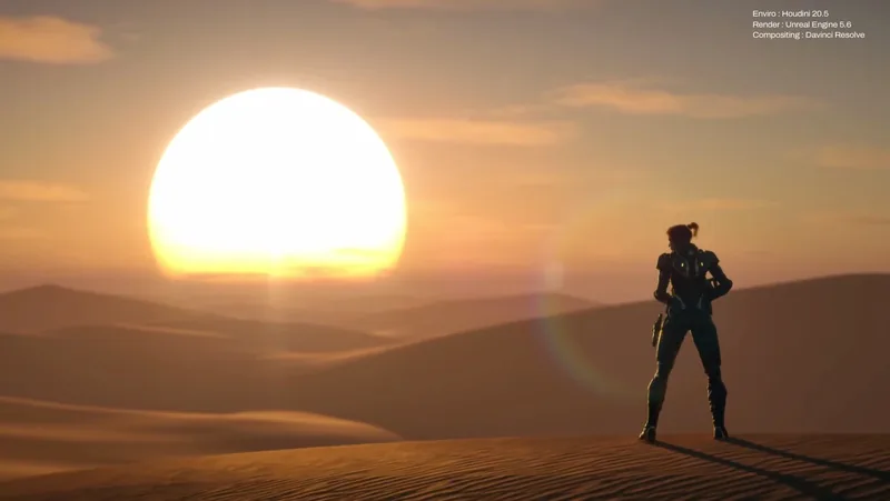 Character in the dunes facing the sun