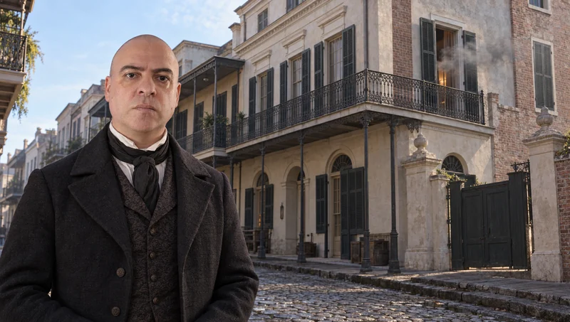 My avatar in a 19th-century frock coat in front of the smoking LaLaurie Mansion, New Orleans, 1834, from the upcoming LaLaurie episode of Historic Murders
