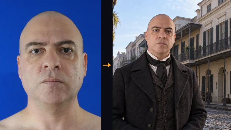 My reference photo on a blue background on the left, and on the right my avatar in a frock coat generated from it, in front of the LaLaurie house