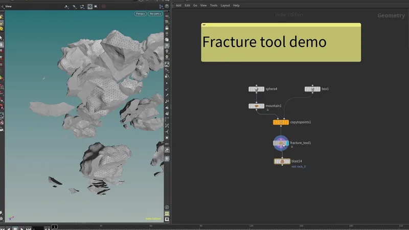 Fracture tool HDA: fractured rocks in an exploded view in Houdini