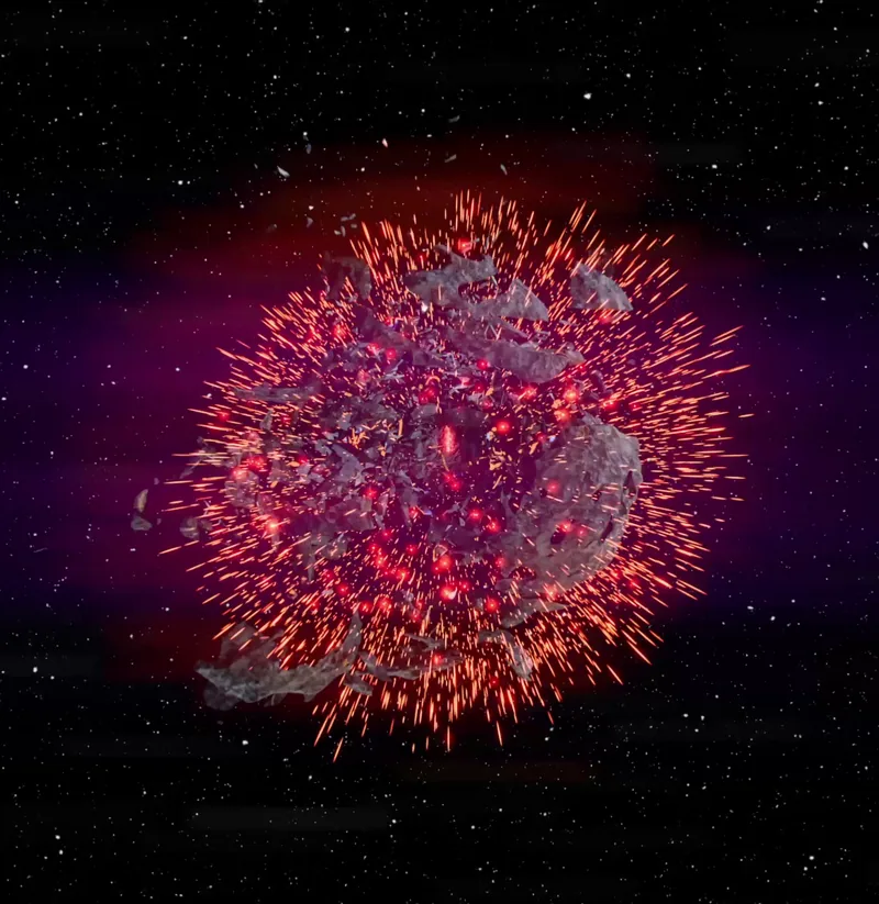 Asteroid exploding into a burst of red fragments, Houdini simulation played back in Unreal Engine