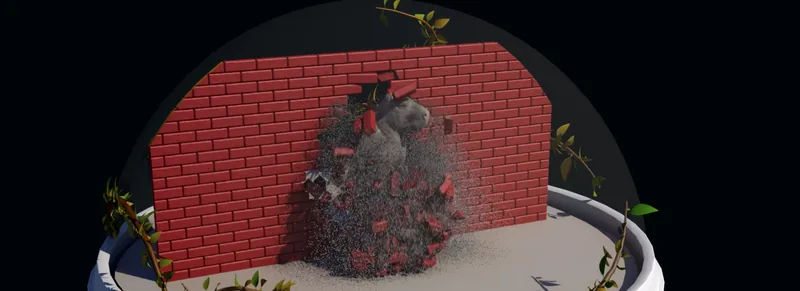 Mur de briques procédural avec une racine et des cailloux