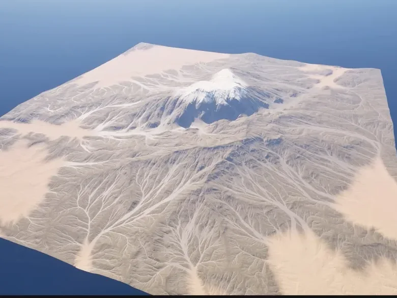 Heightfield terrain seen from afar, with a snowy peak, in Unreal Engine (week 5)