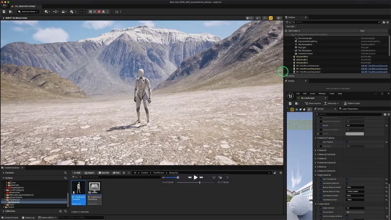 Personnage face à des montagnes dans l'éditeur Unreal