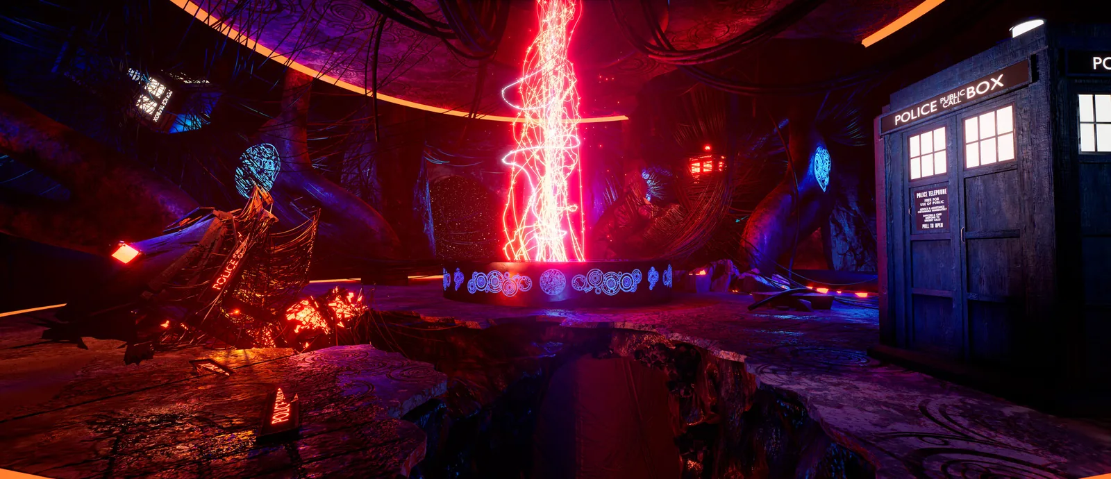 Purple and red neon underground chamber around an energy column, real-time Unreal Engine render