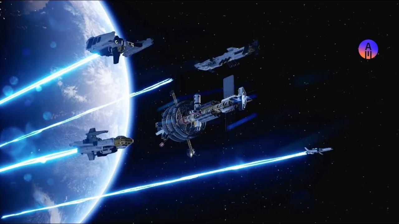 Spaceships and laser fire in front of a planet, frame from the showreel